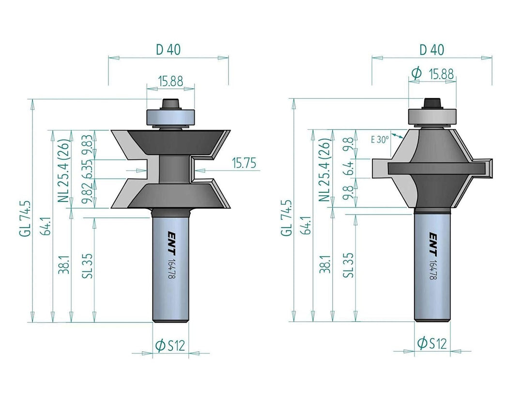ENT 16478 2-tlg. Kantenverleimfräser-Set für stabile Eckverbindungen, HW, Schaft (S) 12 mm, Durchmes