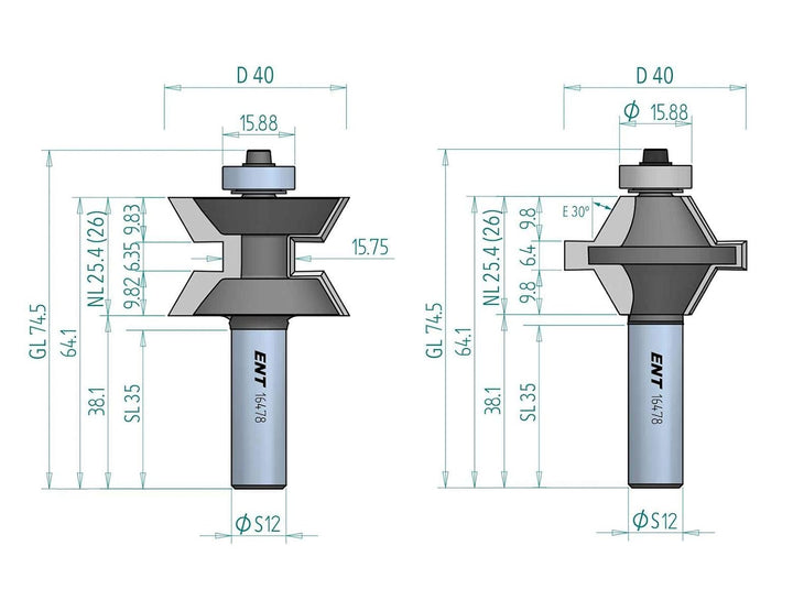 ENT 16478 2-tlg. Kantenverleimfräser-Set für stabile Eckverbindungen, HW, Schaft (S) 12 mm, Durchmes