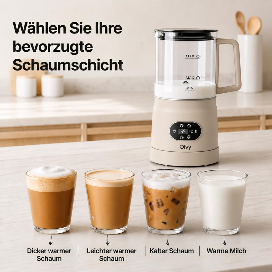Olvy Milchaufschäumer Elektrisch | Milchschaumgerät für Barista Qualität | 1 Stück | Beige | Für Cap