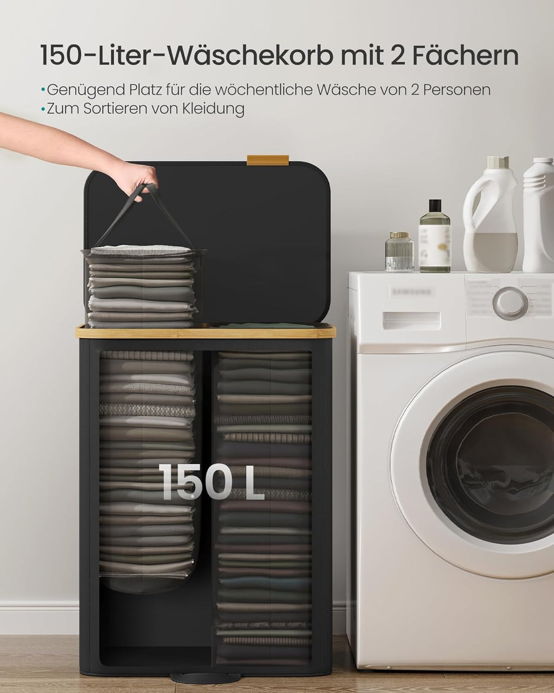 SONGMICS Wäschekorb mit Deckel, Wäschesammler, Wäschesortierer, Wäschetonne, Wäschesack herausnehmba