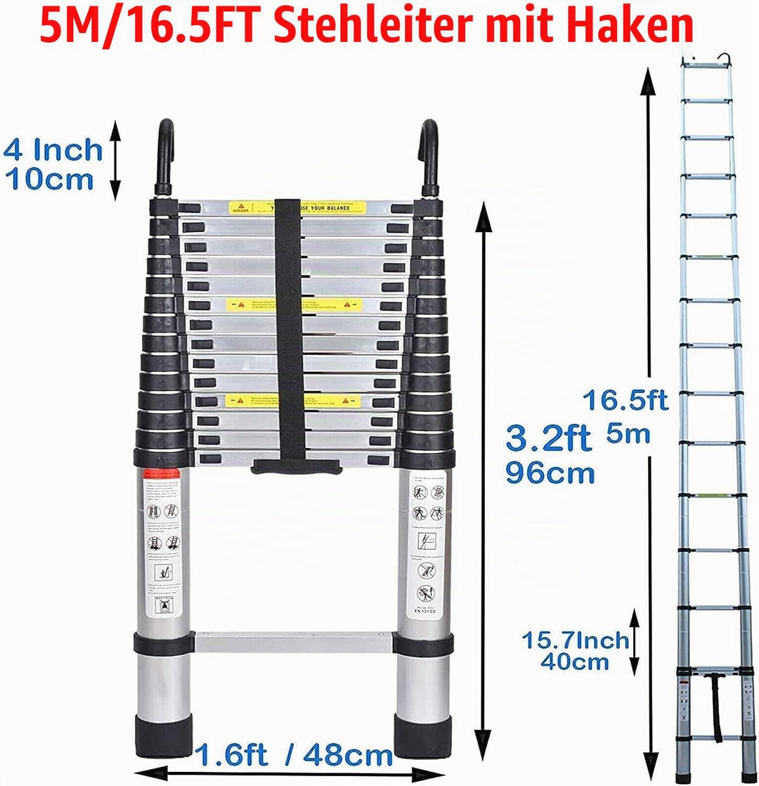 5 m Teleskopleiter mit Dachhaken-Kit Aluminium, tragbar, multifunktional, faltbar, tragbar, strapazi