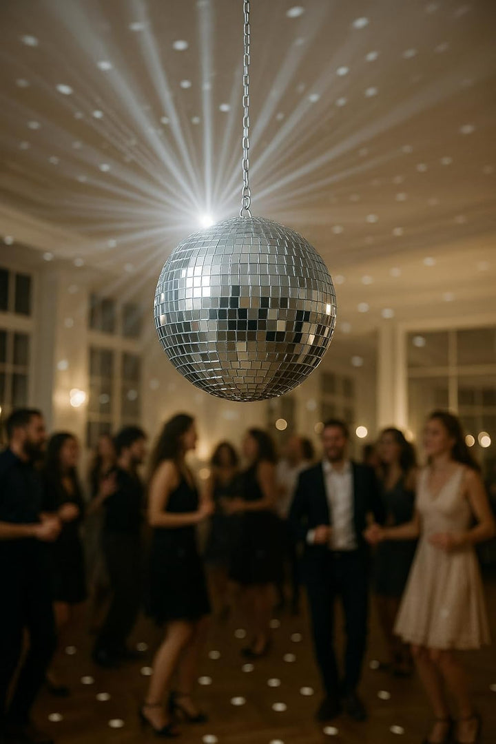 Discokugel Disco-Spiegel, silberfarben, 25 cm, mit Haken zum Aufhängen, glitzernde Dekoration, gross