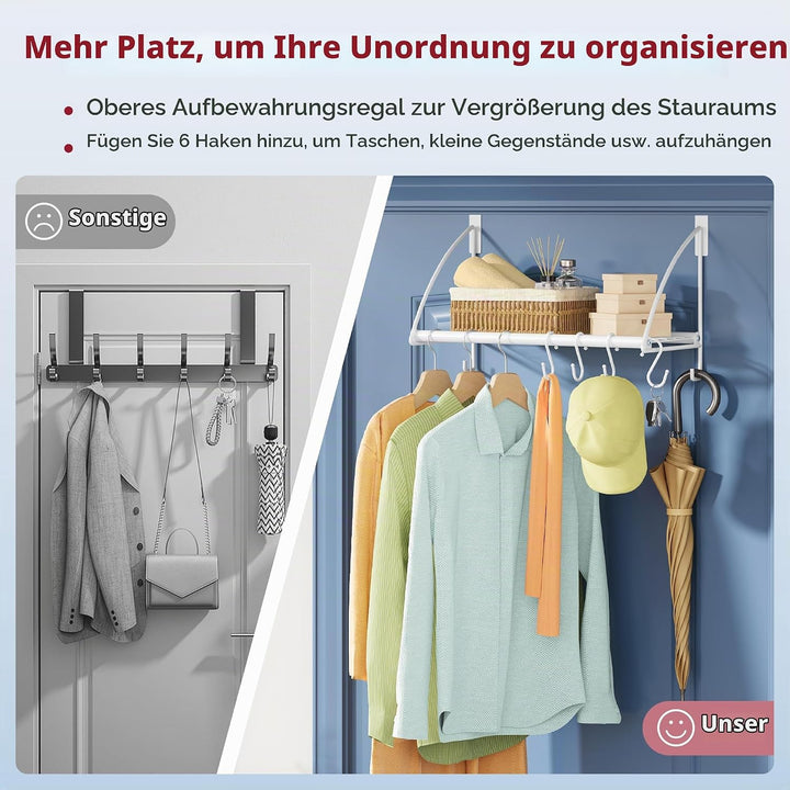 Tajsoon Kleiderstange Tür mit Aufbewahrungsregal und 6 Haken, Türkleiderständer zum Aufhängen von Ha