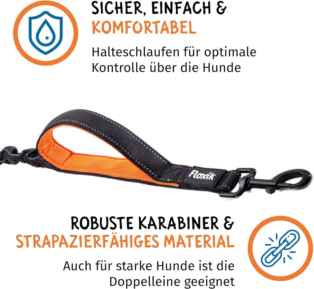Floxik Doppelleine Komplett-Set gross | Flexible, reflektierende Premium Hundeleine für Zwei Hunde z