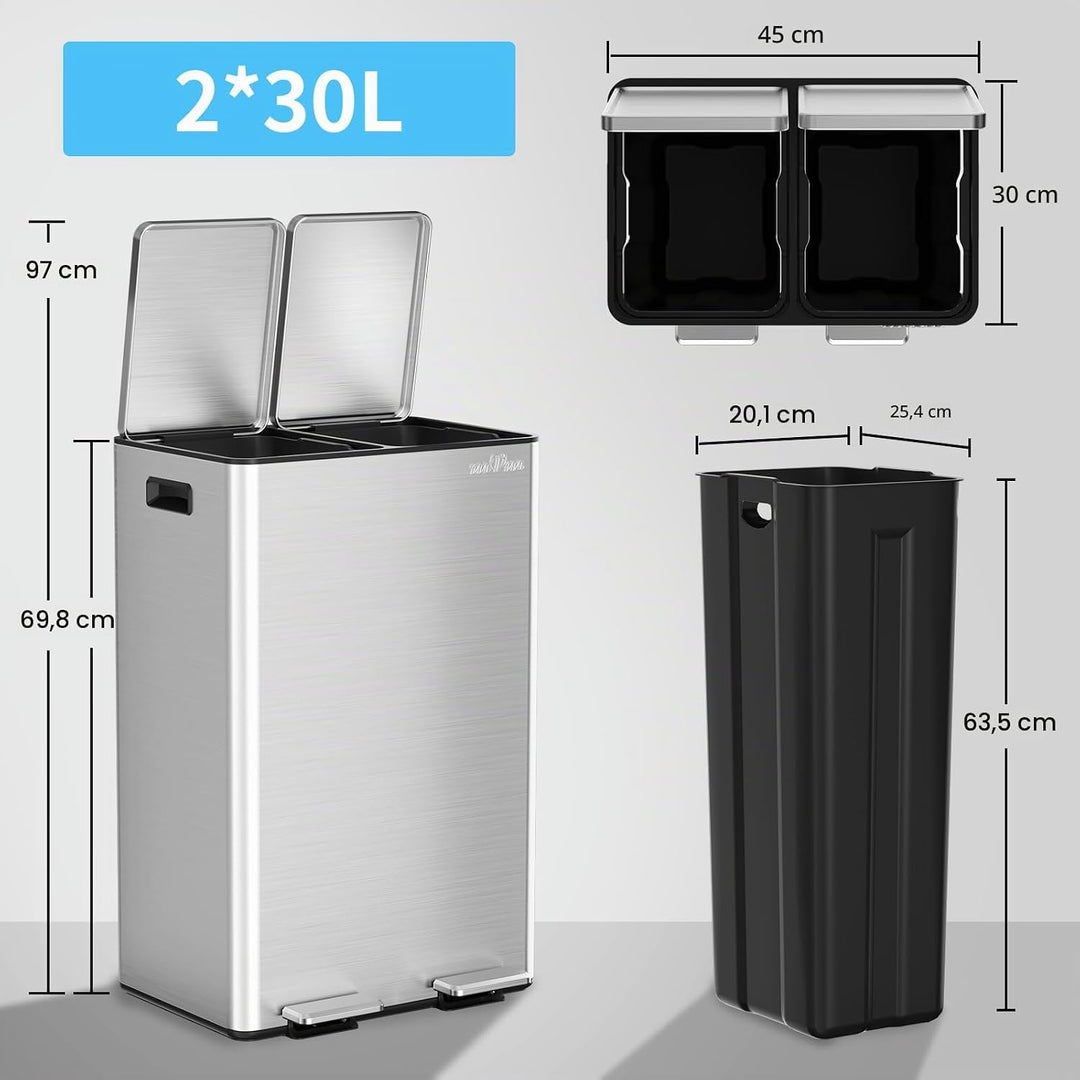 mVm Mülleimer Küche,60 Liter Treteimer,2x30L Doppelter Abfalleimer 2er-Mülleimer Mülltrennung mit In