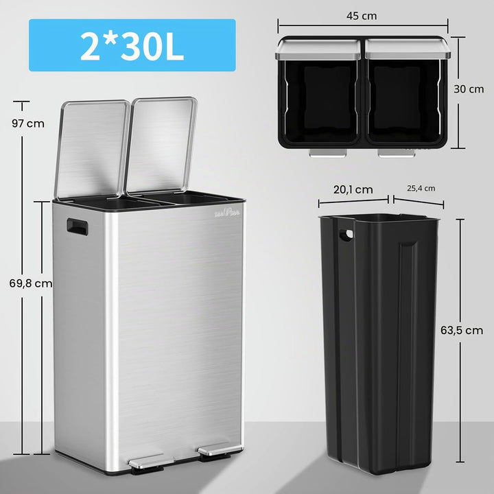 mVm Mülleimer Küche,60 Liter Treteimer,2x30L Doppelter Abfalleimer 2er-Mülleimer Mülltrennung mit In