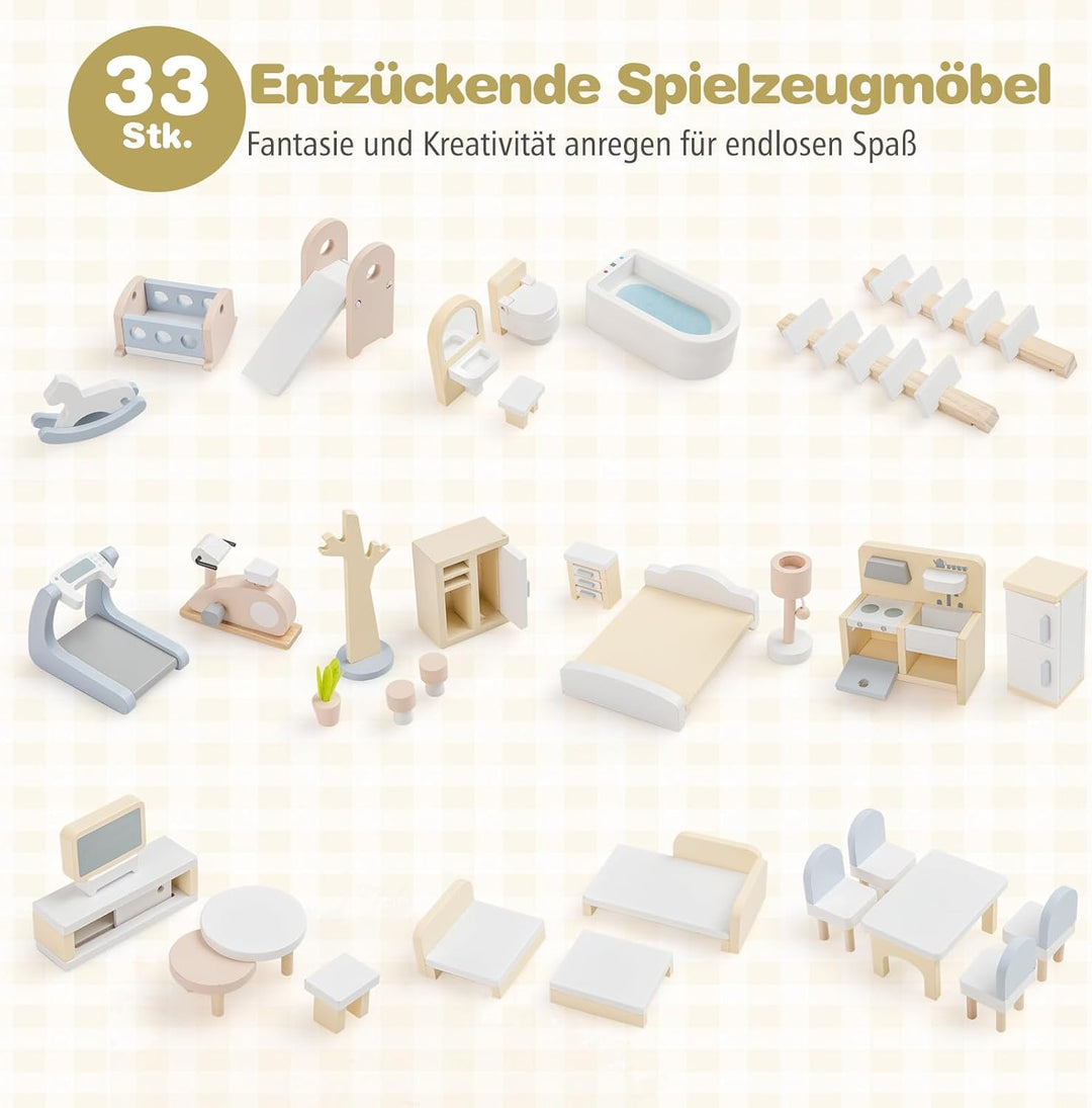 COSTWAY Puppenhaus Holz, Kinder Dollhouse mit 33 Möbelstücken, Puppenstube mit Balkon & Pool, Puppen