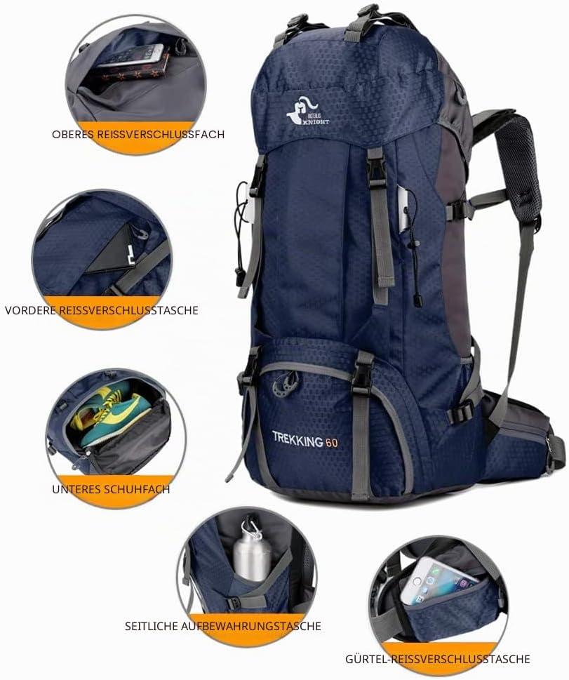 Bseash 60L Wasserdichter leichter Wanderrucksack mit Regenschutz, Outdoor Sport Tagesrucksack Multif