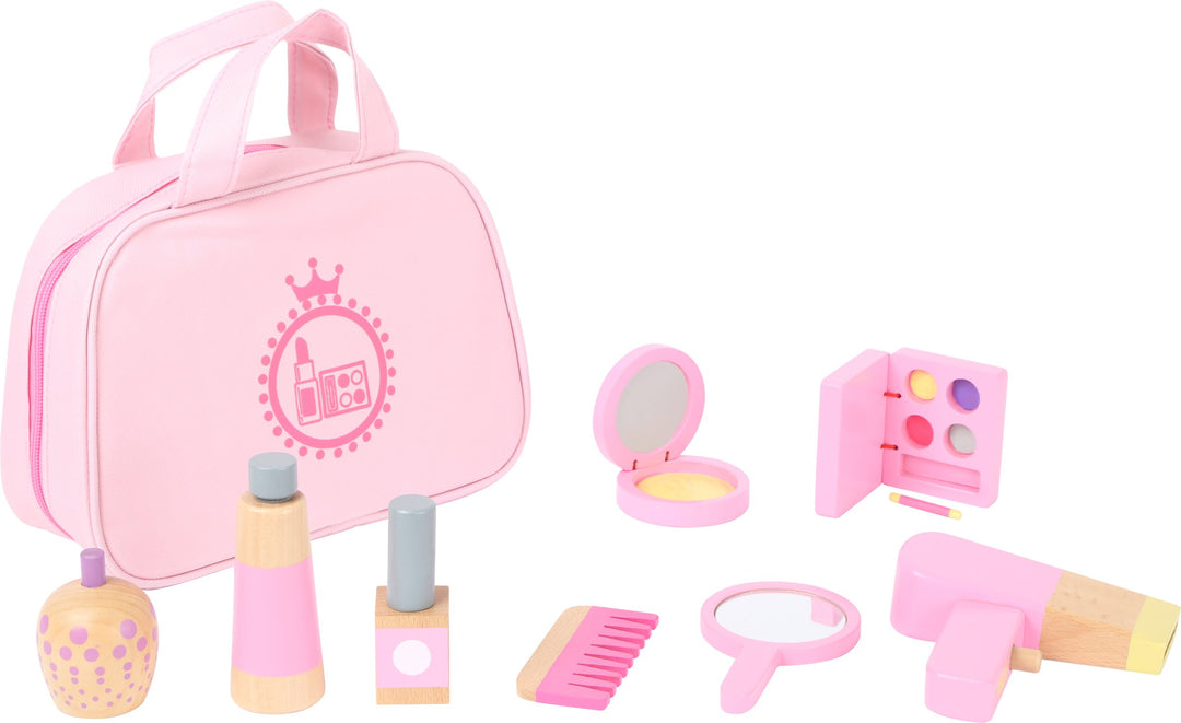 Small Foot 10607 Make-up Spielset aus Holz in rosa für Kinder, lustiges Rollenspiel in Tragetasche S