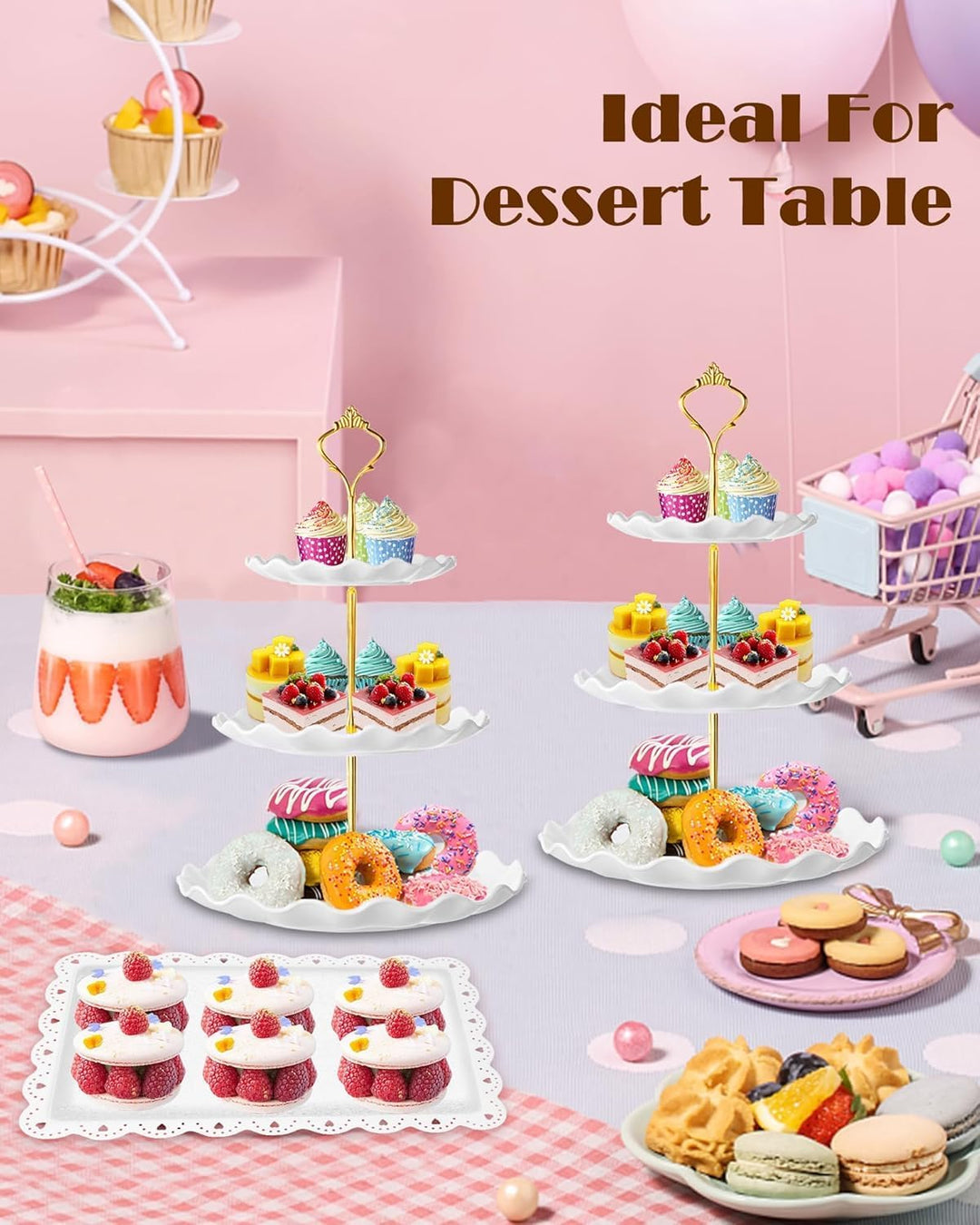 PIPITA Cupcake-Ständer-Set, 2-stöckige Turmhalter und 3 Serviertabletts, Party- und Event-Tischdekor