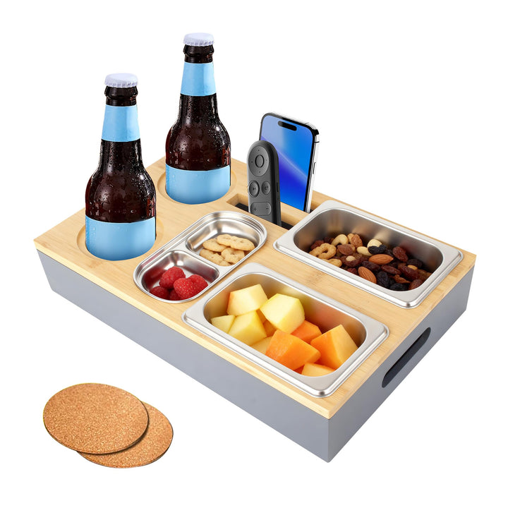 Couchbar Snackbox, Sofa Couch Tablett, Praktischer Sofatablett, mit Fächern, Abnehmbarer Deckel,mit