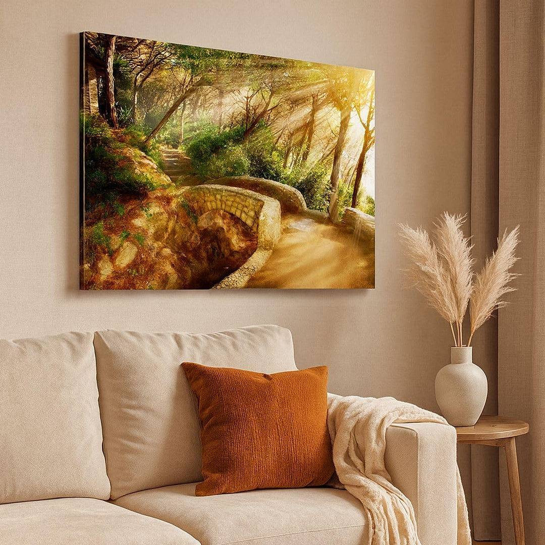 Bilder auf Leinwand 100x70cm Leinwandbild Pfad Steinbrücke Wald Herbst Gross Wanddeko Bild Schlafzim