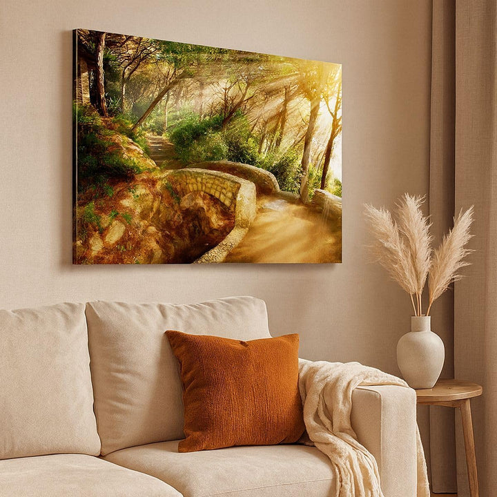 Bilder auf Leinwand 100x70cm Leinwandbild Pfad Steinbrücke Wald Herbst Gross Wanddeko Bild Schlafzim