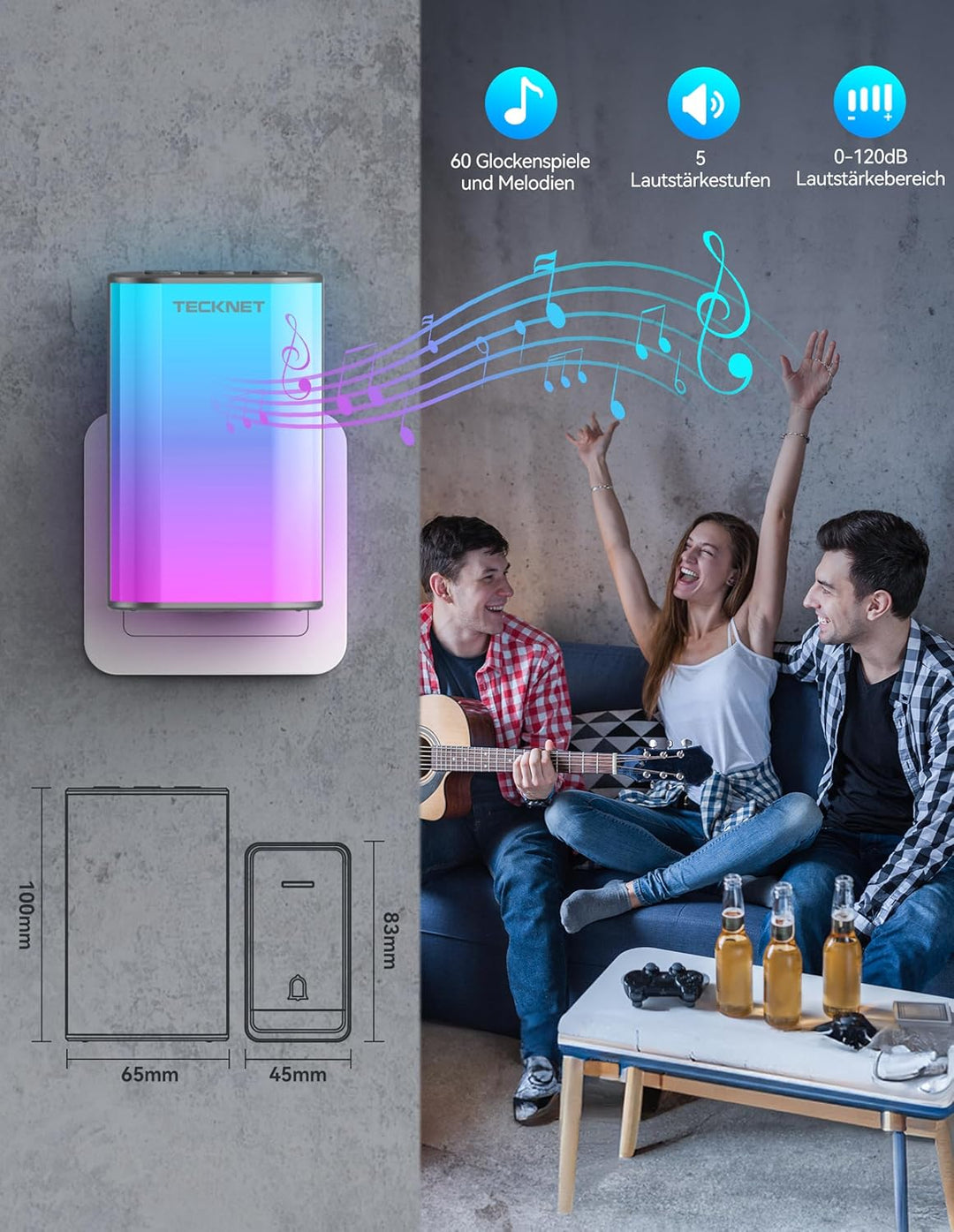 TECKNET Türklingel Batterielose, Steckdosen-Funkklingel mit EU-Steckdose und RGB Licht, IP65 Wasserd