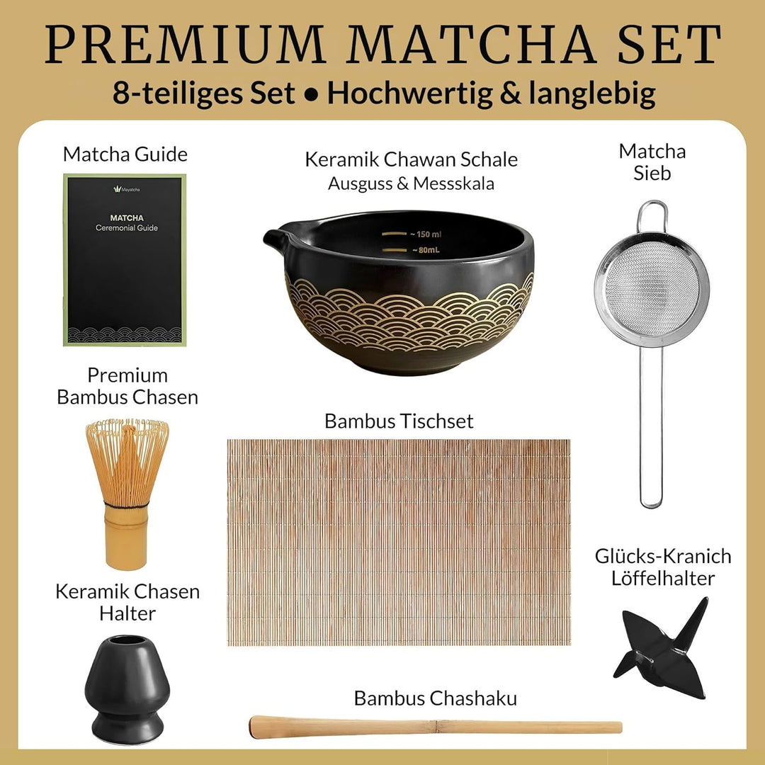 Matcha Set Japanisch, Matcha Besen Set 8-teilig – Premium Bambus Matcha Whisk (Chasen), Matcha Schal
