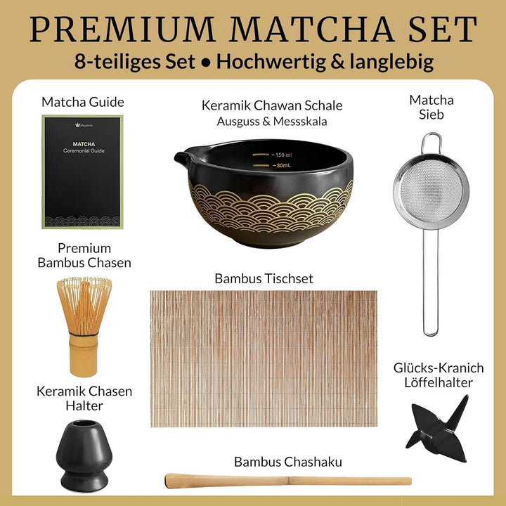 Matcha Set Japanisch, Matcha Besen Set 8-teilig – Premium Bambus Matcha Whisk (Chasen), Matcha Schal