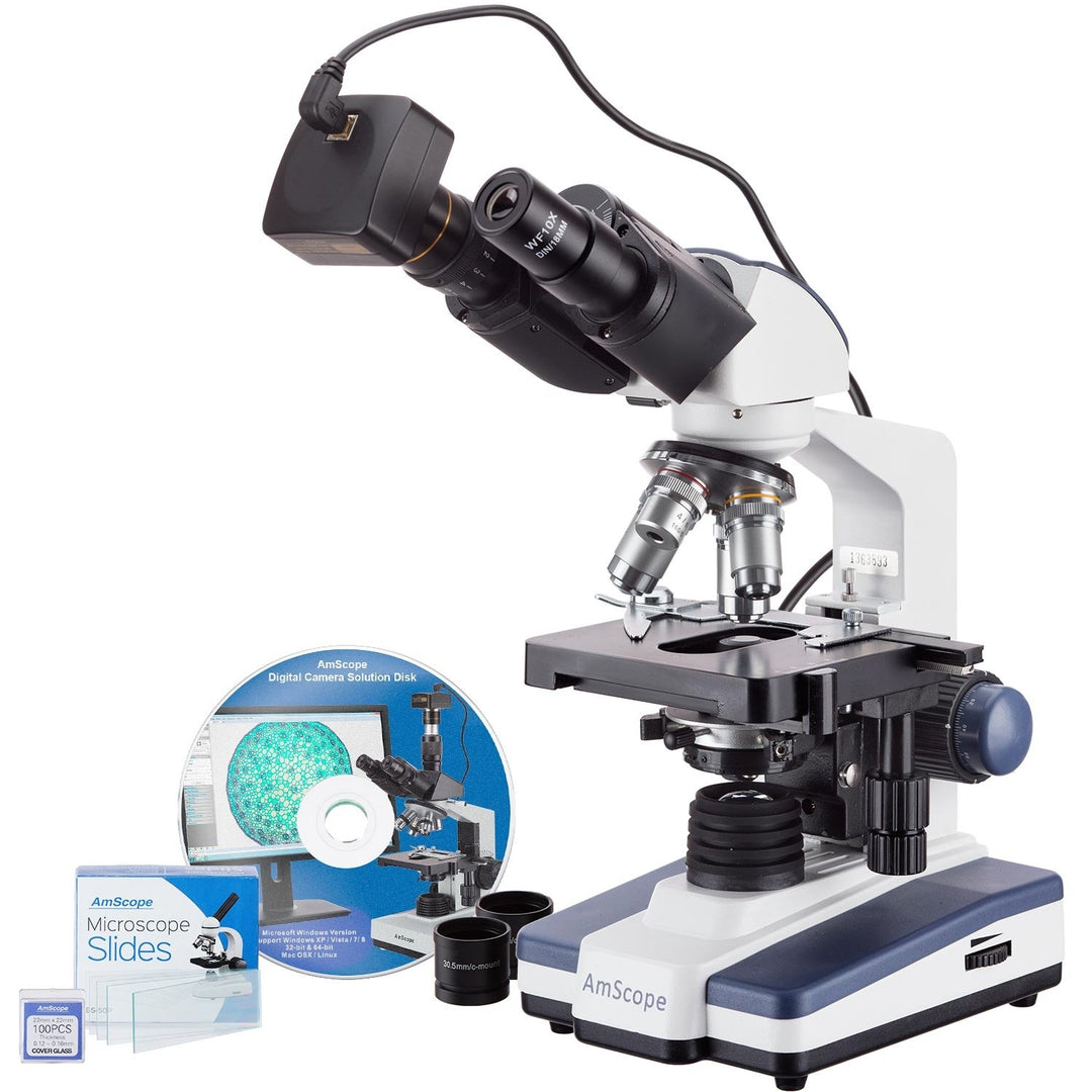 AmScope B120C-50P100S-10M 40X-2500X LED-Fernglas-Verbundmikroskop mit 50 Stück Leer Folien und 10-Me