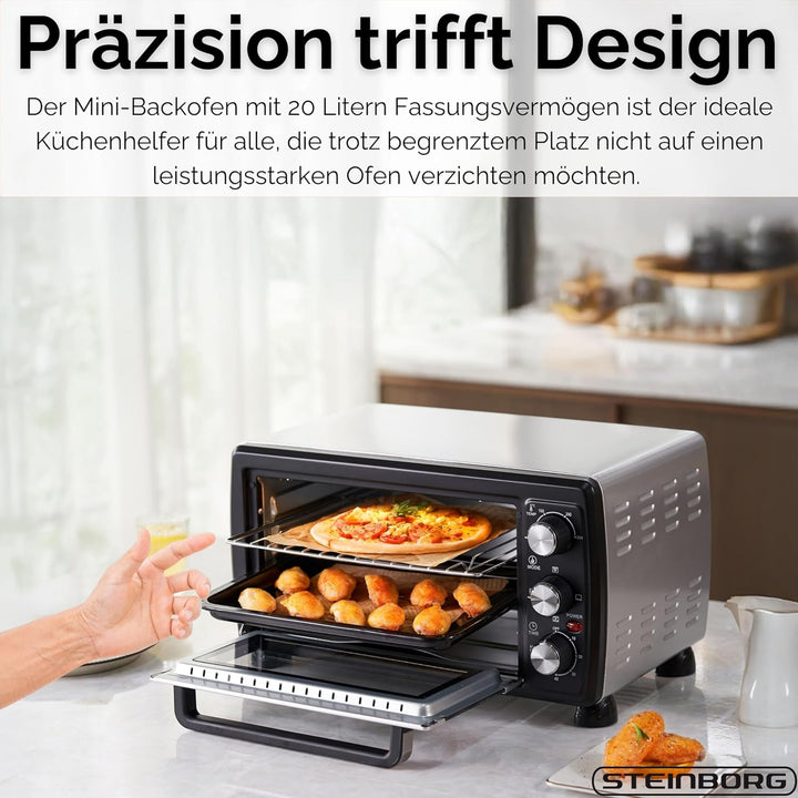 Steinborg® Mini Backofen mit Umluft 20 Liter Pizzaofen Krümelblech Umluftfunktion Ober- und Unterhit