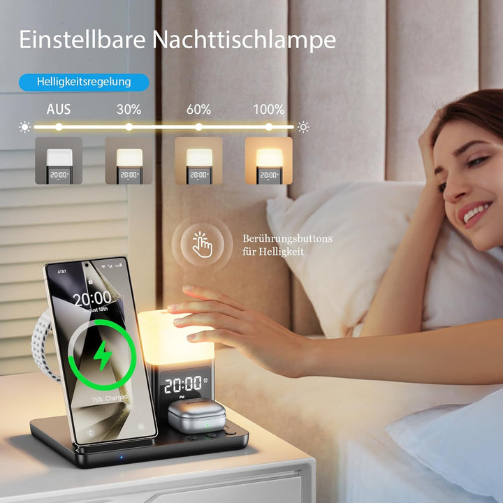 6 in1 Upgradierter Induktive Ladestation für Samsung mit Wecker & 3-Farben-Licht | Wireless Charger