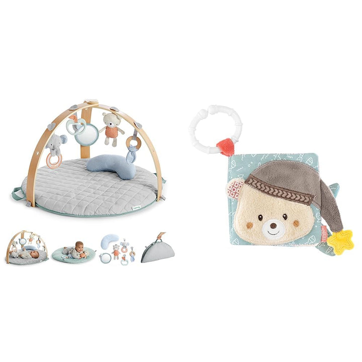 Ingenuity, Cozy Spot Loamy Spielmatte mit Spielbogen aus Holz & Fehn Soft Bilderbuch Bruno – Baby Fü