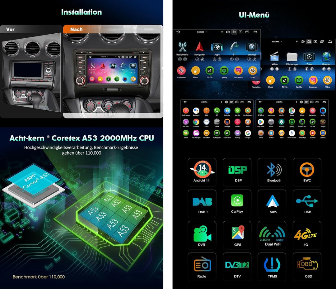 Erisin 8-Kern 4GB+64GB Android 14 Autoradio GPS Navi für Audi TT MK2 7 Zoll DVD Player Touchscreen U