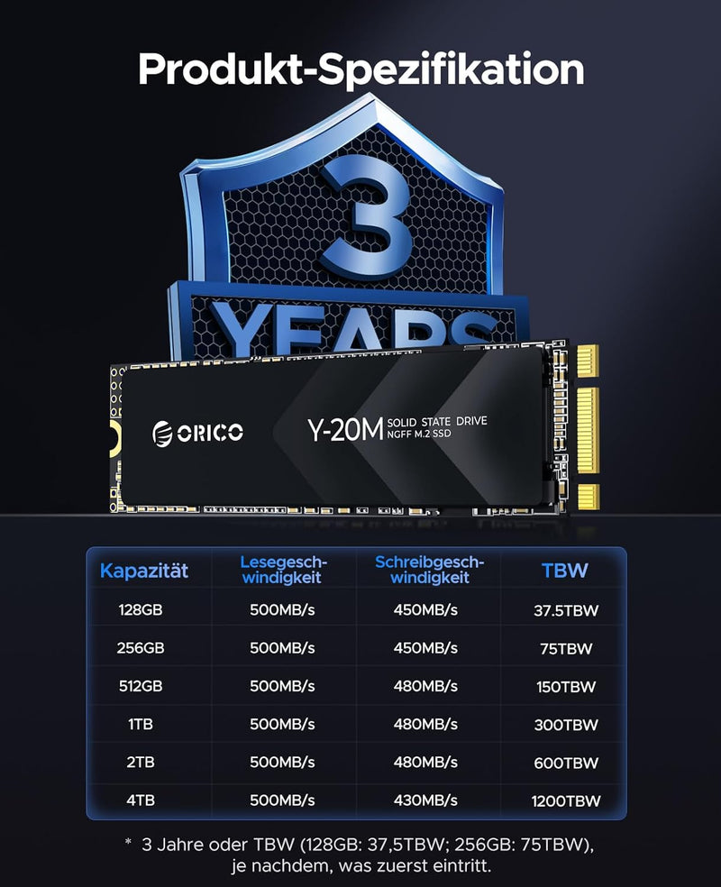 ORICO 256GB M.2 2280 SATA SSD, SATA III 6Gbps M2 SSD mit B+M Schlüssel, 500MB/s Internes Solid State