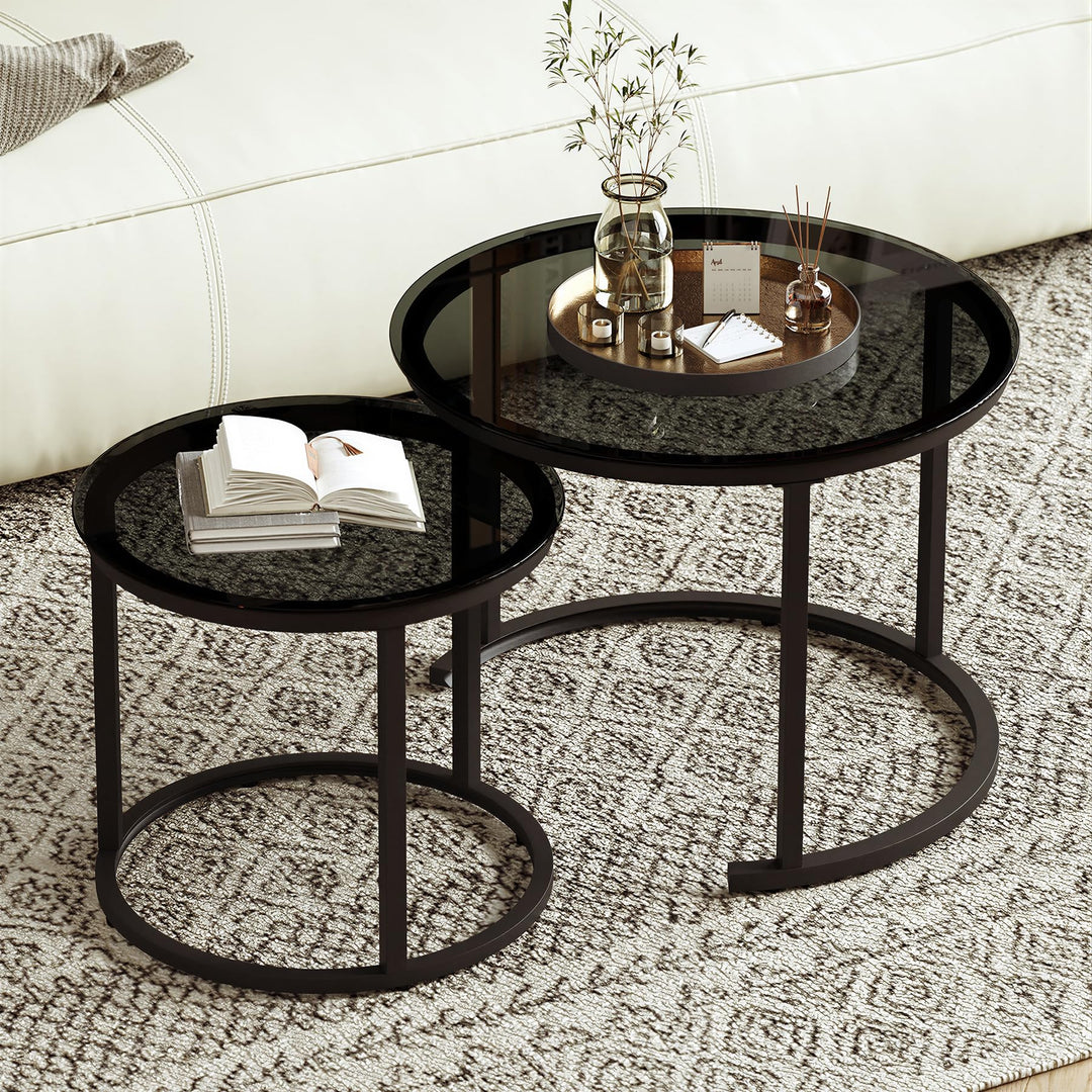 Hawthyhome 2 Stücke Beistelltisch Set rund, Couchtisch aus Glas mit Metallrahmen,Moderne Kaffeetisch