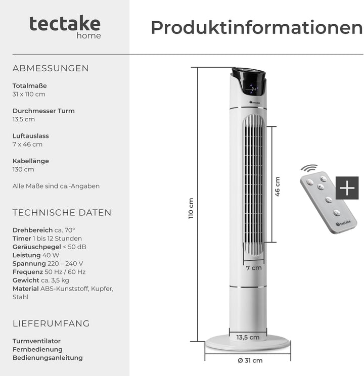 tectake® Ventilator gross mit Fernbedienung, Ventilator oszillierend mit 3 Geschwindigkeitsstufen, T