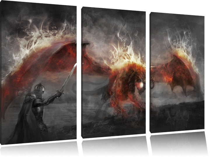 Pixxprint Ritter kämpft gegen Drachen im Feuer B&W Detail 3-Teiler Leinwandbild 120x80 Bild auf Lein
