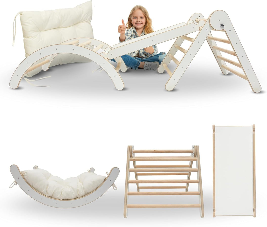 MAMOI® Klettergerüst Kletterdreieck Indoor 4 in 1 Set. Montessori Kletterbogen mit Kissen, Indoor Sp