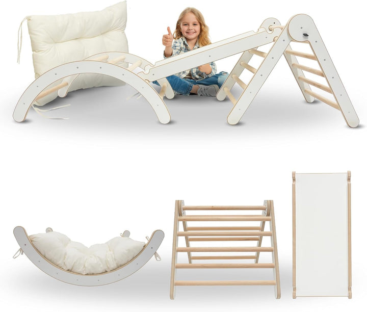 MAMOI® Klettergerüst Kletterdreieck Indoor 4 in 1 Set. Montessori Kletterbogen mit Kissen, Indoor Sp