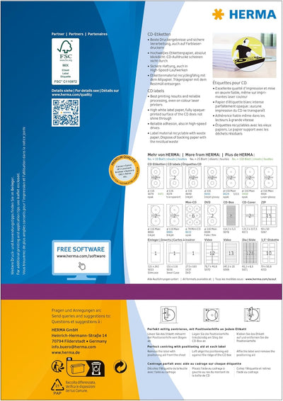 HERMA 4471 CD DVD Etiketten inkl. Zentrierhilfe blickdicht, 100 Blatt, Ø 116 mm, 2 Stück pro A4 Boge