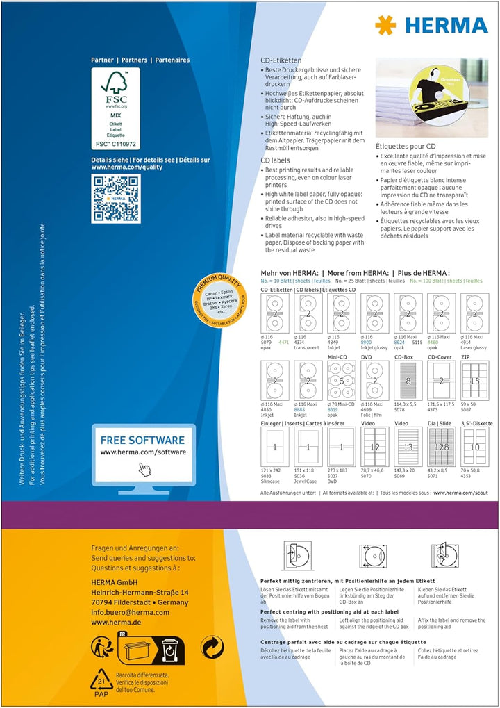 HERMA 4460 CD DVD Etiketten inkl. Zentrierhilfe blickdicht, 100 Blatt, Ø 116 mm MAXI, 2 Stück pro A4