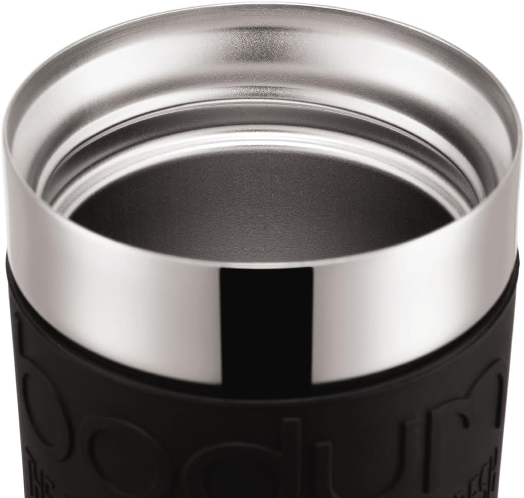 Bodum K11067-01 Travel Press Kaffeebereiter aus Edelstahl in schwarz mit Ersatzdeckel, 350 ml Schwar