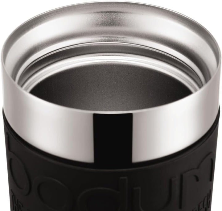 Bodum K11067-01 Travel Press Kaffeebereiter aus Edelstahl in schwarz mit Ersatzdeckel, 350 ml Schwar