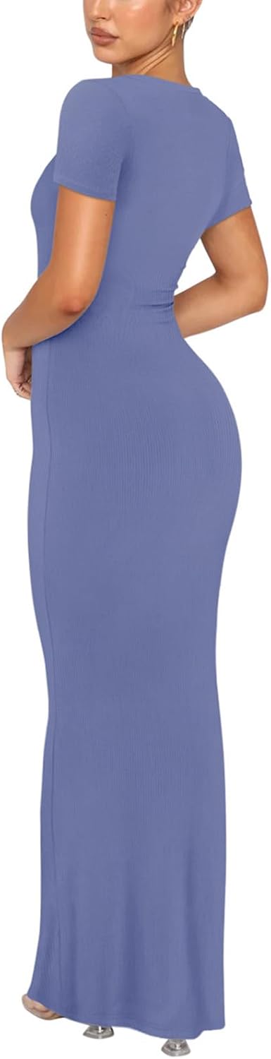 REORIA Damen Sommer Casual Lounge Langes Kleid Elegant Kurzarm Rundhalsausschnitt Figurbetontes Maxi