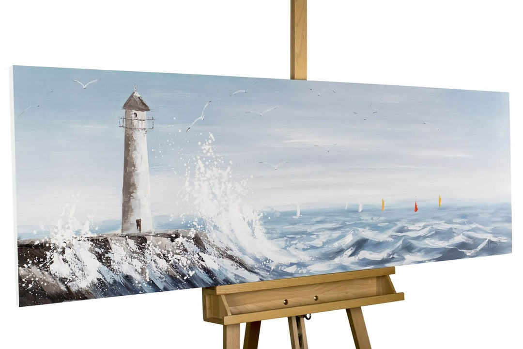 KunstLoft Leinwandbild | 100% HANDGEMALT | 150x50cm | Gemälde 'Leuchtturm in Sicht' | Leuchtturm | B