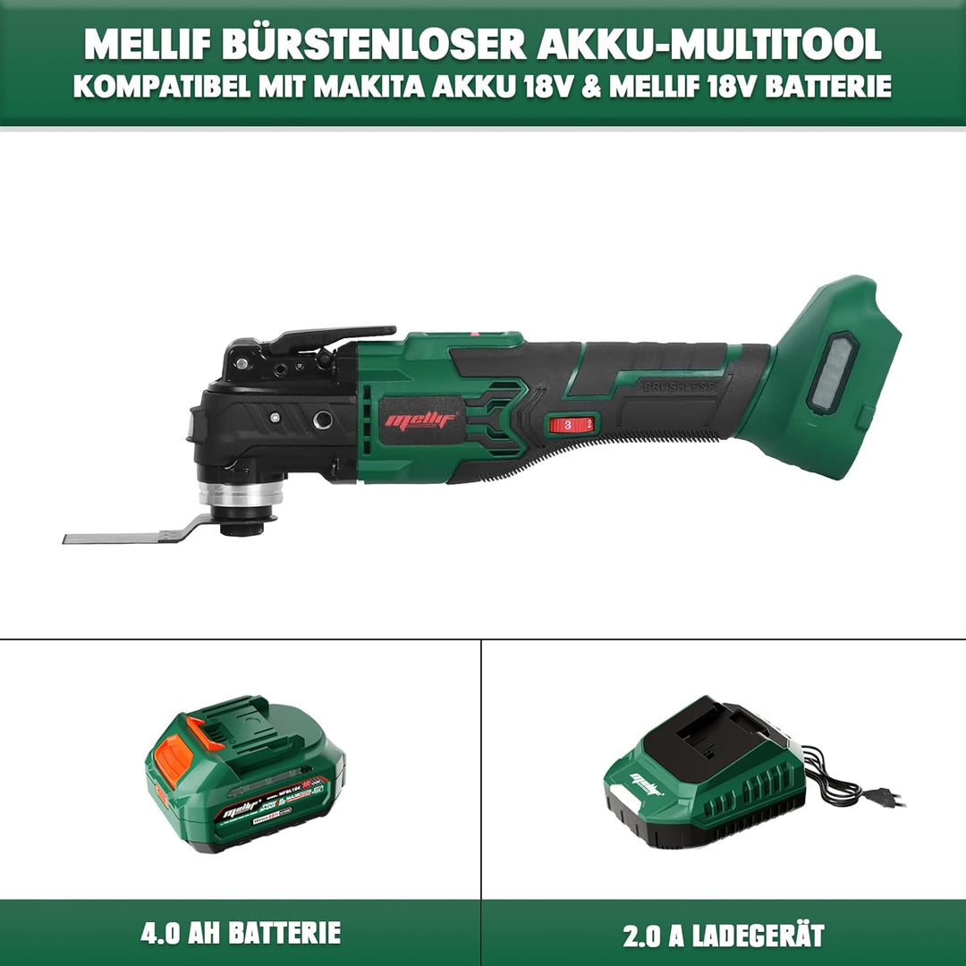 Mellif Akku Multitool, Multifunktionswerkzeug Kompatibel Mit Makita 18V, Bürstenloser Motor, 6-Stufi