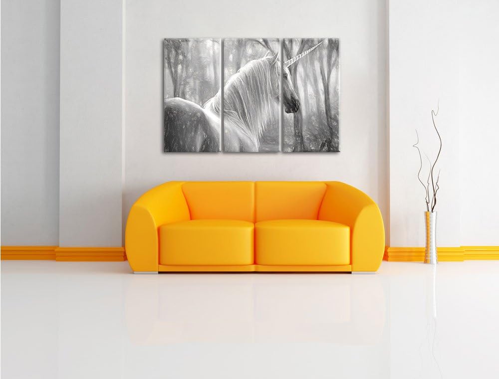 Pixxprint Einsames Einhorn im Wald Kunst Kohle Effekt 3-Teiler Leinwandbild 120x80 Bild auf Leinwand