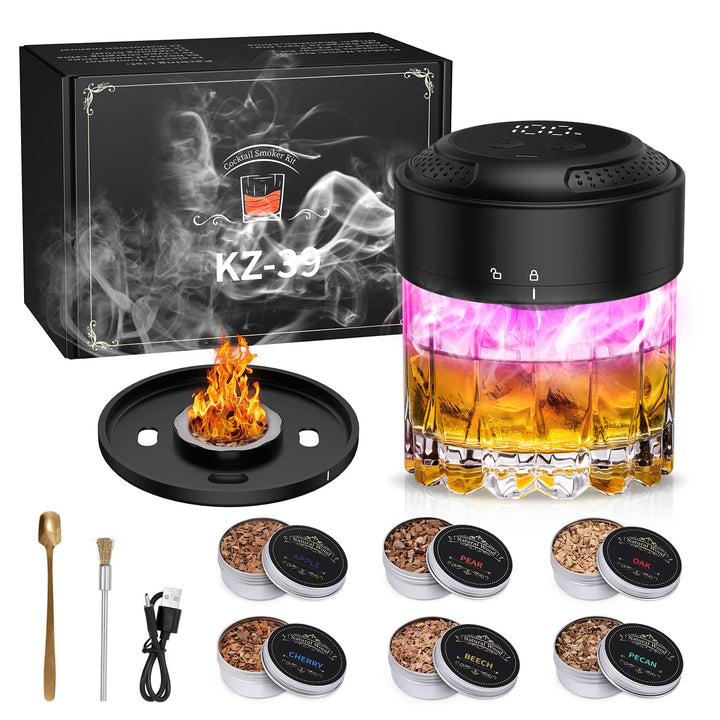 LOFICOPER Whiskey Smoker Kit mit 6 Holzchips, Cocktail Smoker Set mit RGB-Ambientelicht, Flammenlos,
