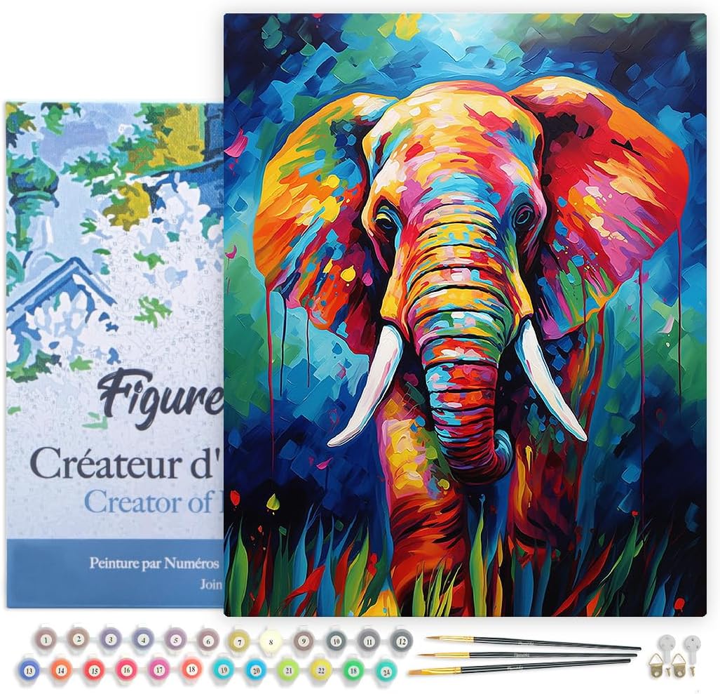 Figured'Art Malen Nach Zahlen Erwachsene Mit Rahmen Elefant Farbenfroh Abstrakt - Paint by Numbers B