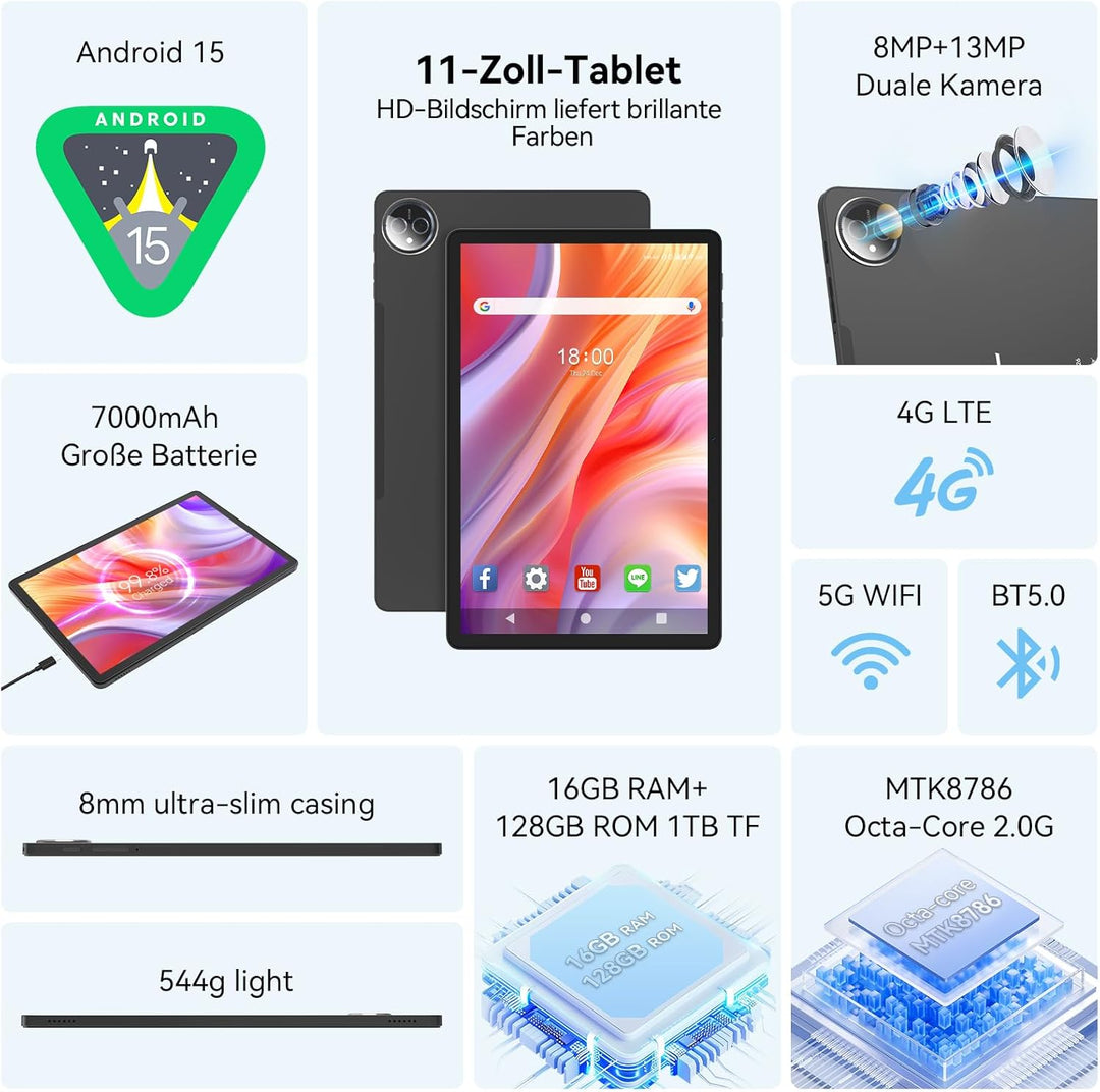 2025 Neueste Tablet 11 Zoll Android 14 Tablets,Tablet mit Tastatur Maus,5G Wifi Tablett PC Mit 16GB+