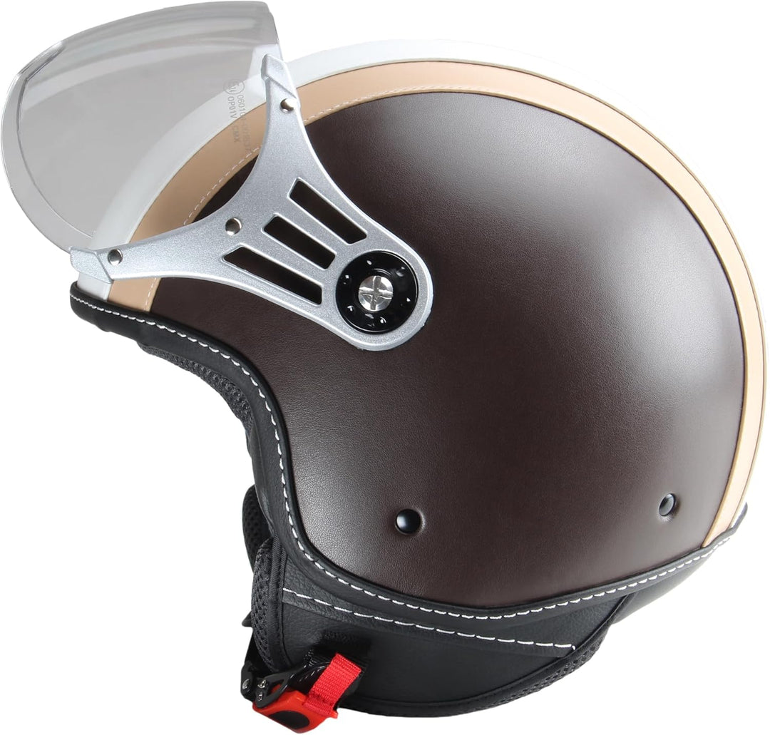 Motorradhelm Jethelm Rollerhelm CMX Chap weiss beige mit Leder braun XL