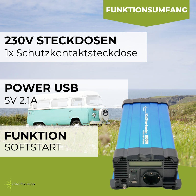 solartronics Spannungswandler FS1000DR 12V 1000 Watt Reiner Sinus BLAU Inverter Wechselrichter