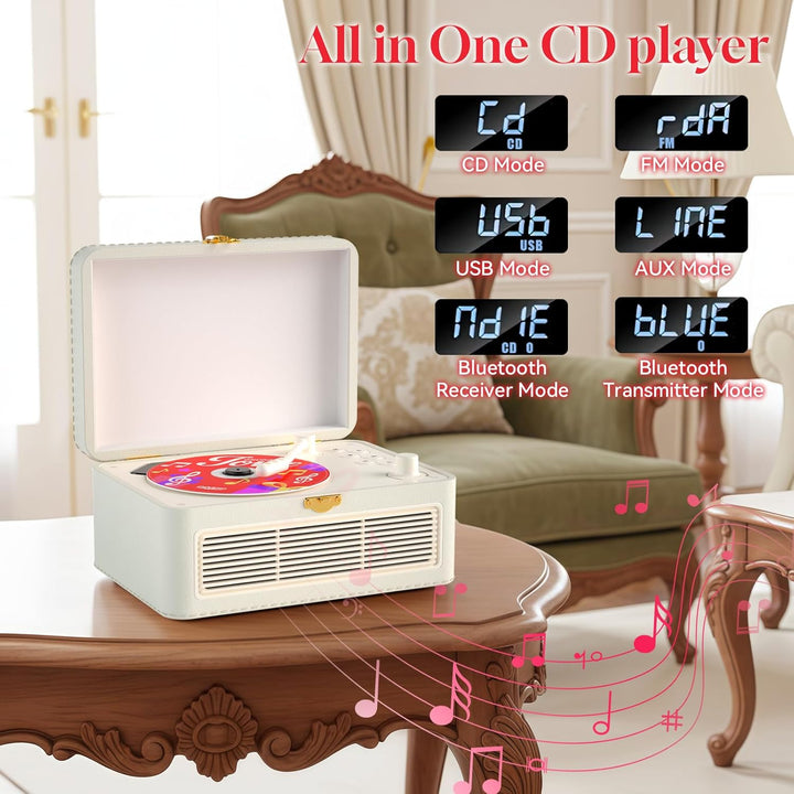 Gueray Tragbarer Bluetooth CD-Player mit Lautsprechern 3600mAh Wiederaufladbarer Vintage CD Spieler