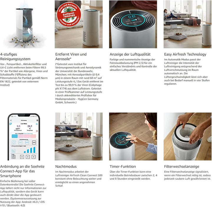 Soehnle Airfresh Clean Connect 500 Luftreiniger Allergiker, Luftfilter 99,5% von Staub Pollen Gerüch