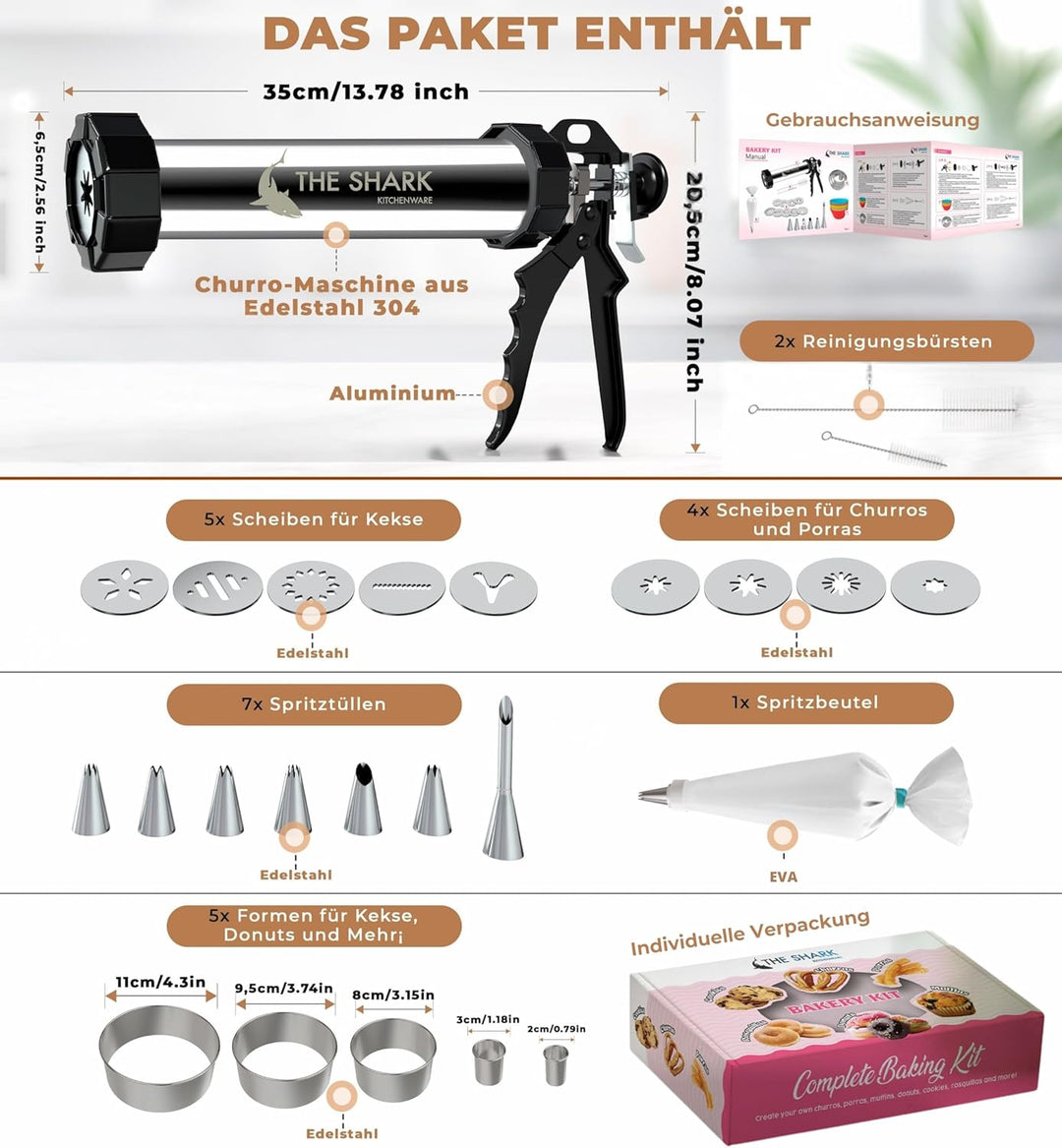 Churros Maker & Spritzgebäck Maschine – 304 Edelstahl, Grosse Kapazität, Leicht zu Reinigen & Langle