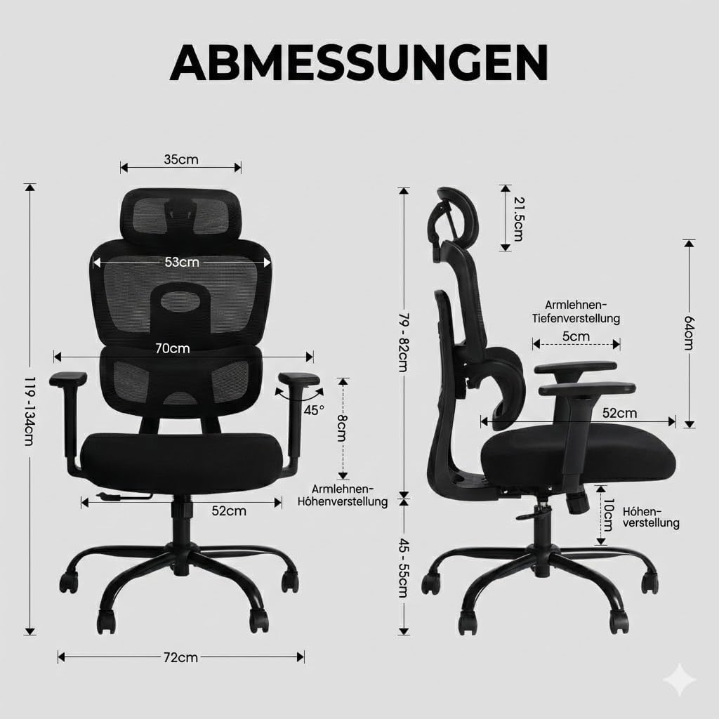 MUSSO E600AIR Ergonomischer Bürostuhl, hohe Rückenlehne, Heimbürostuhl mit adaptiver Lendenwirbelstü