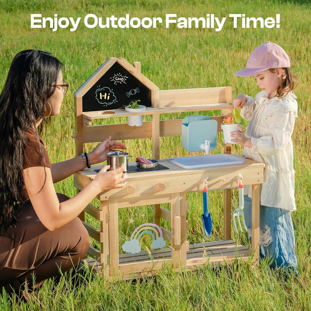 ROBUD Matschküche für Kinder Outdoor, Kinderküche Holz mit Echtem Wasserhahn & Wassertank, Gartenger