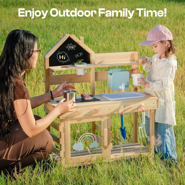 ROBUD Matschküche für Kinder Outdoor, Kinderküche Holz mit Echtem Wasserhahn & Wassertank, Gartenger